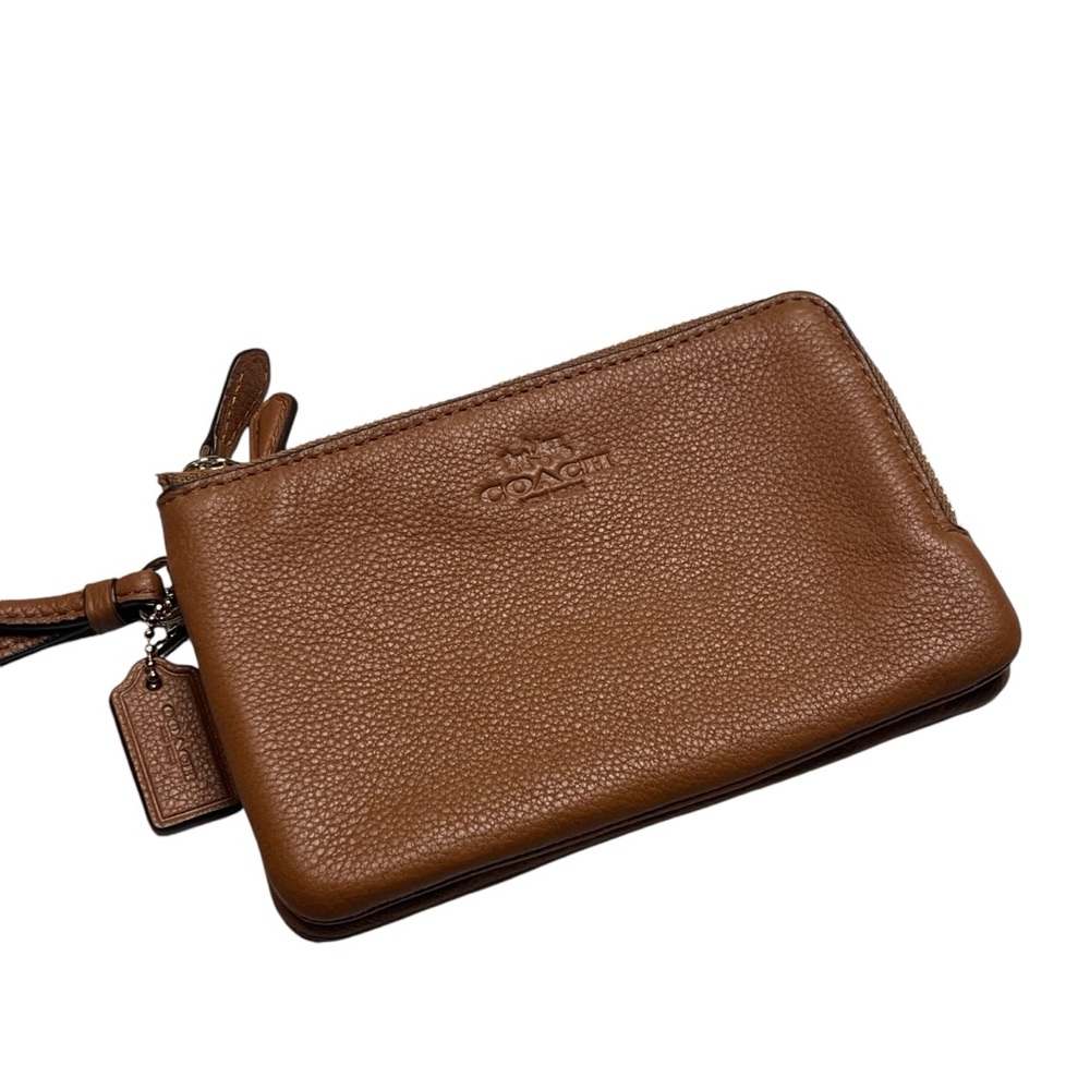 Coach F66505 Pebble Leather Double Corner Zip Wristlet, Color Saddle. Excellent - Picture 6 of 14